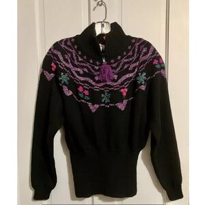 New Vintage 80s Obermeyer wool blend Fair Isle Folk Sweater Floral embroidered L